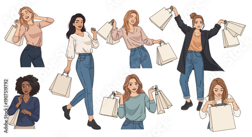 Diverse women enjoying shopping experience with bags from various viewpoints