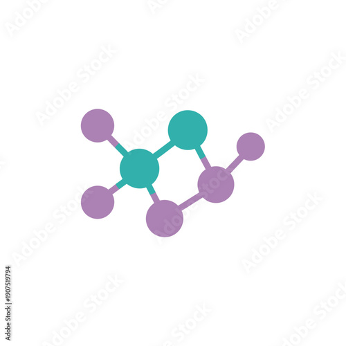 Modern minimalist illustration depicting a series of linked nodes in purple and teal, representing data flow, molecular bonds, or system architecture and interconnectedness