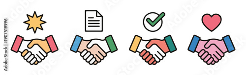 Handshake icon set, business deal, contract agreement, successful partnership, trust and respect
