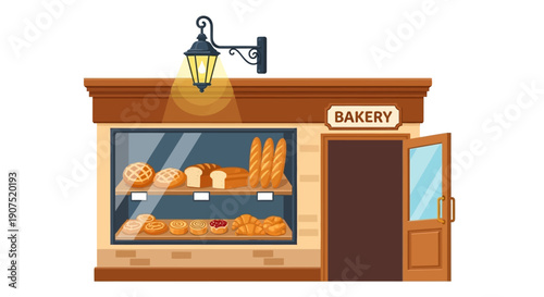 Illustration of a bakery storefront with pastries and bread on display, viewed from the street.