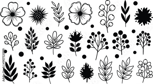 Collection of various black floral designs and leaves