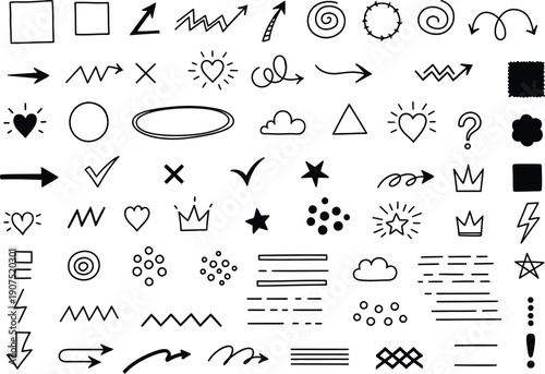 Collection of various black doodle icons and symbols