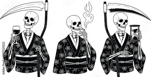 Grim reaper skeleton in traditional kimono illustration set, gothic death characters with scythe wine cigarette hourglass, black and white vector