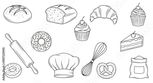 Baking Essentials and Pastries Illustrated with Various Tools and Treats