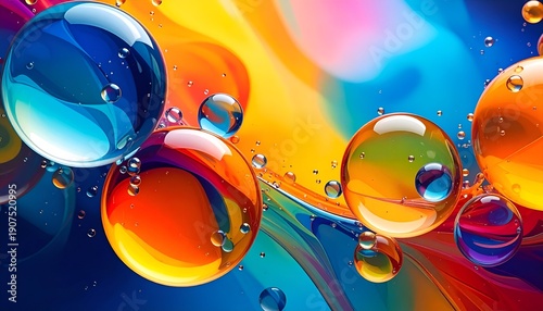 Close-up of vibrant, colorful bubbles against a bright, swirling backdrop