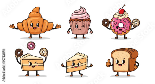 Assorted baked goods characters, including croissants and cupcakes, are depicted in various poses on a clean white background Whisk_71b725750bf411da2c64f415e2c819f9dr.eps