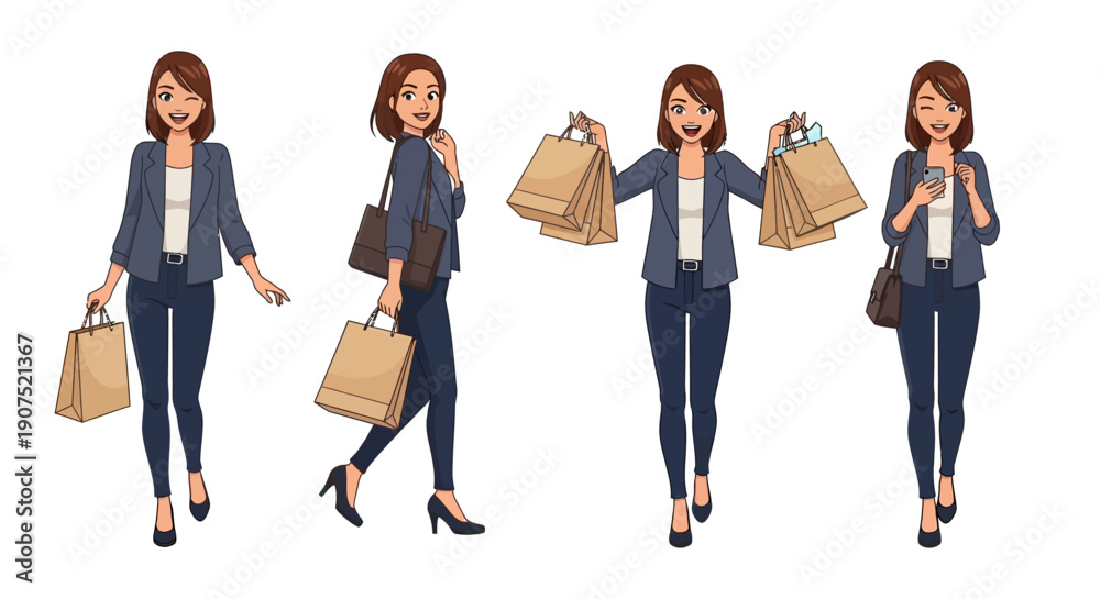 Obraz premium Illustration of a woman shopping with multiple bags from different viewpoints