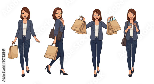 Illustration of a woman shopping with multiple bags from different viewpoints