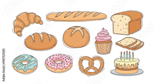 Assorted baked goods including pastries and cakes on display