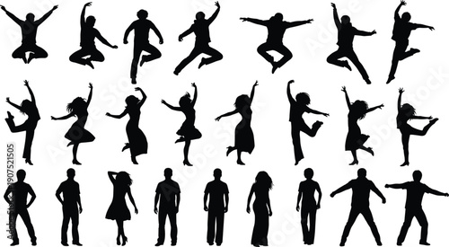 People silhouettes collection showing men and women jumping dancing standing poses isolated on white background for energy lifestyle concept illustration