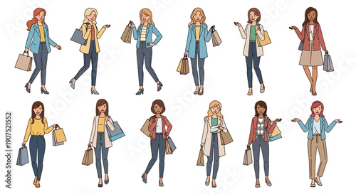 Collection of diverse women walking with shopping bags in various stylish outfits
