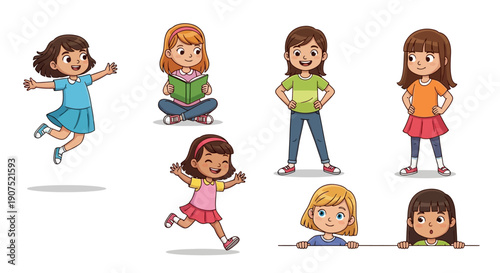 Group of diverse young girls engaged in various playful activities and poses in a lively illustration