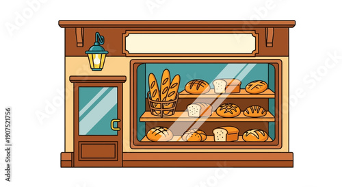 Bakery shop front with display window showcasing various pastries and bread on shelves from outside view