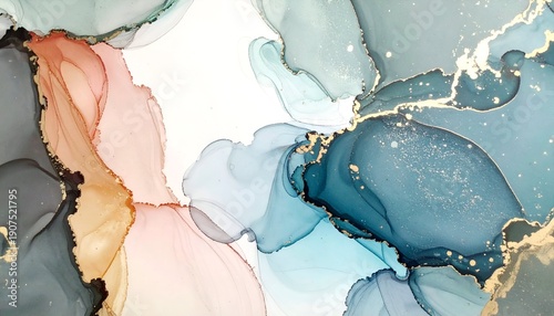 Abstract fluid art showcases blended hues with gold accents, airy and ethereal