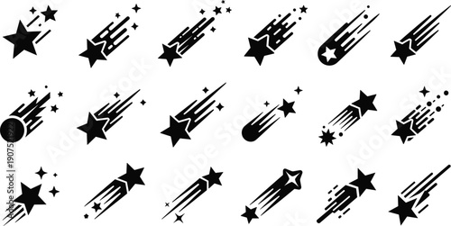 Shooting star and meteor icons set, falling stars silhouettes collection, space astronomy symbols illustration for logos backgrounds design