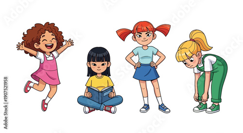 Four cartoon girls in different poses and outfits performing various actions together in a lively scene