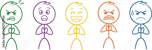 Stick figure emotion illustration set, colorful line characters expressing joy anger fear sadness disgust for psychology education concept design