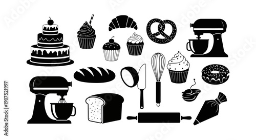 Assorted baking icons including cake, mixer, and pastries displayed on a clean white background from a straightforward viewpoint