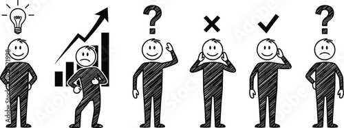 Stick figure decision making icons, problem solving concept showing idea growth choice success failure question marks in black white illustration