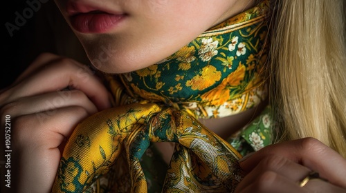 Wallpaper Mural Close Up of Woman Wearing Yellow Green Floral Silk Scarf Tied Around Neck Torontodigital.ca