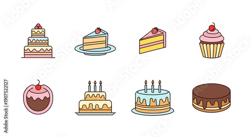Assorted sweet cakes and desserts displayed on plates, featuring cupcakes and layered pastries from a front viewpoint.