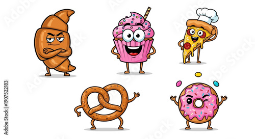 Assorted cartoon pastries and donuts with angry and happy faces on a white background, illustrated in a playful style