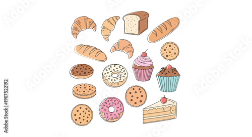 Assorted baked goods and pastries displayed on a clean white background, showcasing various treats