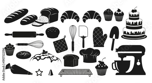 Assorted bakery items and kitchen utensils displayed on a clean white background in a graphic illustration style