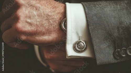 Wallpaper Mural Close-up of Businessman's Hand with Silver Cufflinks and Gray Suit in Formal Setting Torontodigital.ca