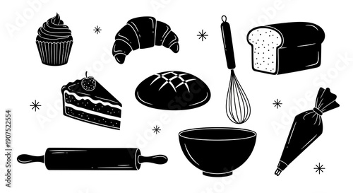 Assorted baking icons including utensils and treats on a clean background viewed from directly above