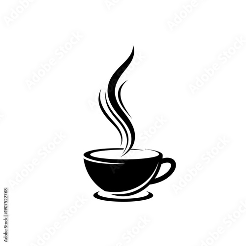 Simple Black and White Illustration of a Steaming Coffee Cup.