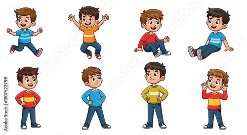Young boy performing various energetic actions and poses in different colored shirts and jeans, illustrated in a playful style