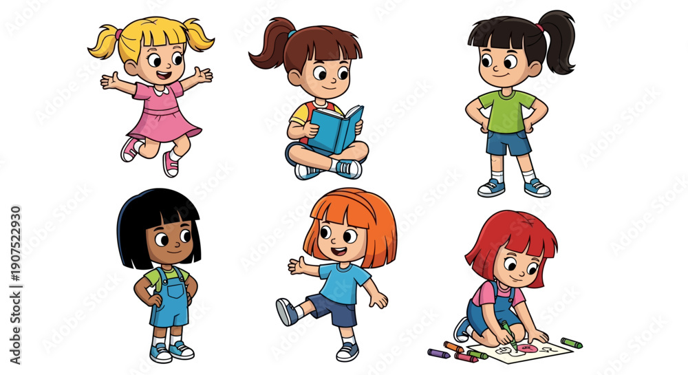Fototapeta premium Group of diverse cartoon children playing and engaging in activities together in a lively illustration