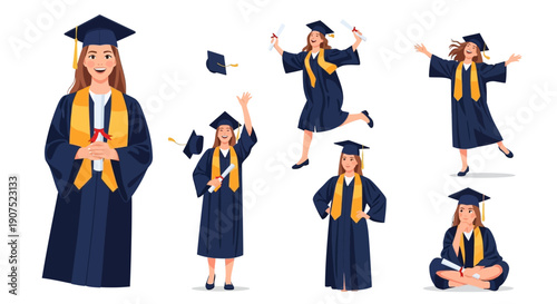 Graduation ceremony illustrations of young women in caps and gowns celebrating academic achievements