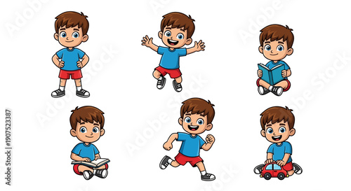 Young boy skateboarding in various dynamic poses, showcasing different actions and movements, vector illustrations