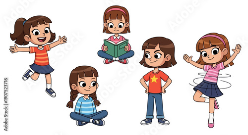 Group of young girls engaging in various playful activities and reading together