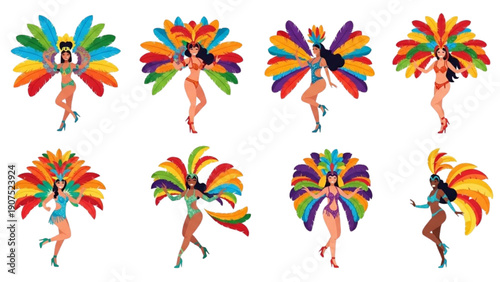 Vibrant collection of carnival dancers showcasing traditional festive costumes with colorful feathers, celebrating joy and rhythm