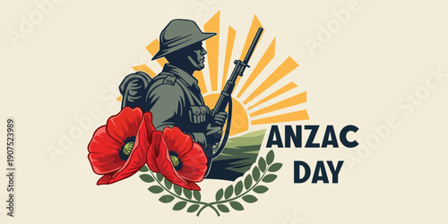 ANZAC Day Military Tribute Illustration with Soldier Poppies Laurel Wreath and Sunrise