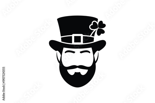 Black and white of smiling leprechaun face with hat and shamrock