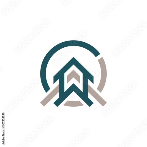 Abstract geometric logo with upward arrow and circular element.