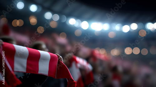 Enthusiastic fans waving scarfs in stadium at night under bright lights. The stadium atmosphere is charged with anticipation