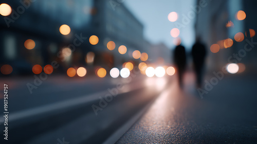 Defocused street scene featuring two figures walking on the side of road, city lights create a dreamy atmosphere. The foreground showcases a textured asphalt surface, drawing the viewer's attention