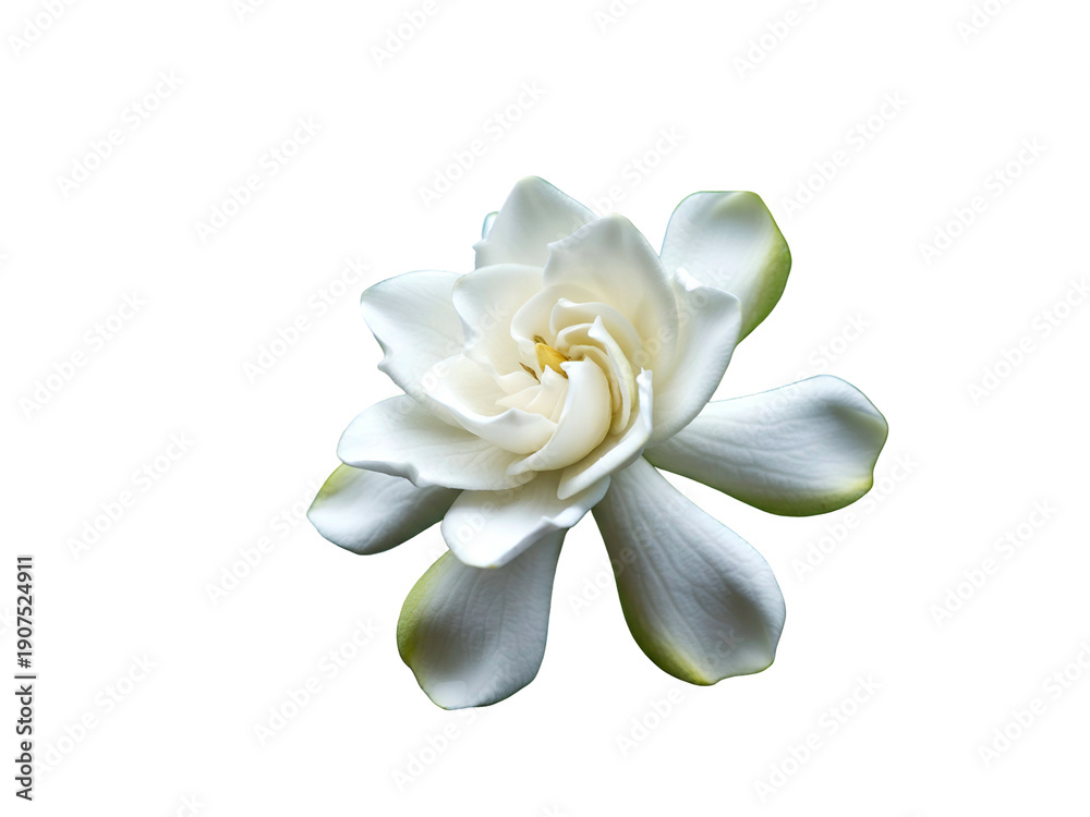 Fototapeta premium Gardenia flower isolated on a clear background, viewed from directly above, showcasing its delicate white petals and yellow center