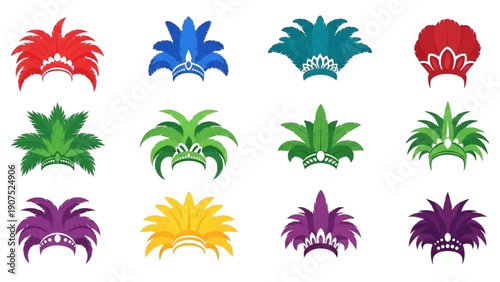 Collection of vibrant feathered headdresses for festive occasions and celebrations
