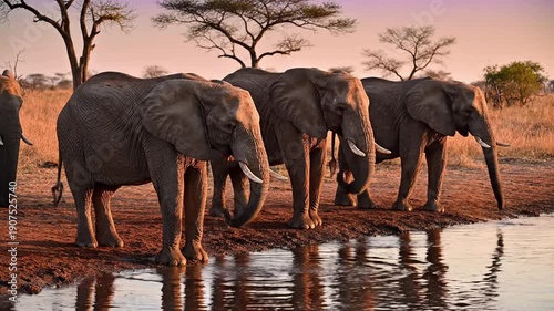 Group of elephants standing near a waterhole at sunset in savannah.