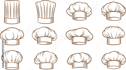 Professional chef hat icons, culinary toque collection, bakery headwear vector illustrations, kitchen uniform headgear, restaurant cook apparel sketches, brown line art isolated on white background.