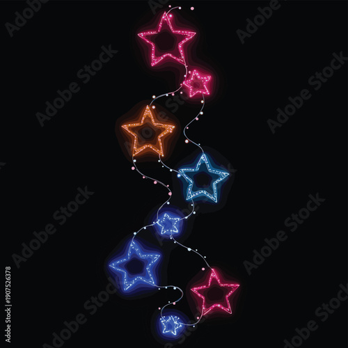 Star garland with colorful festive starry lights on twisted curvy wavy string. Christmas and New Year sparkling ornament , vector style simple color