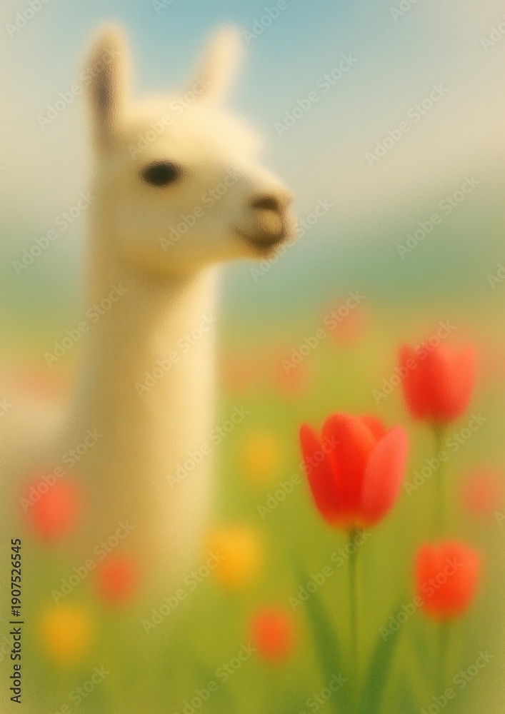 Naklejka premium Llama amidst vibrant tulip field.