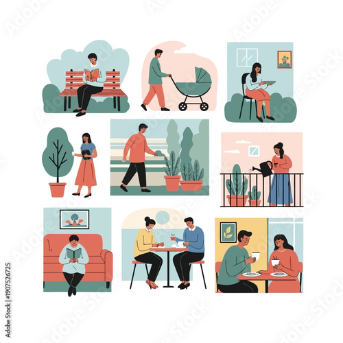 People enjoying various leisure activities and daily routines.