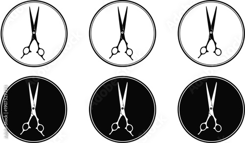 Professional hair salon scissors icons in black and white circles, barber shop shear symbols for grooming, haircutting and styling.
